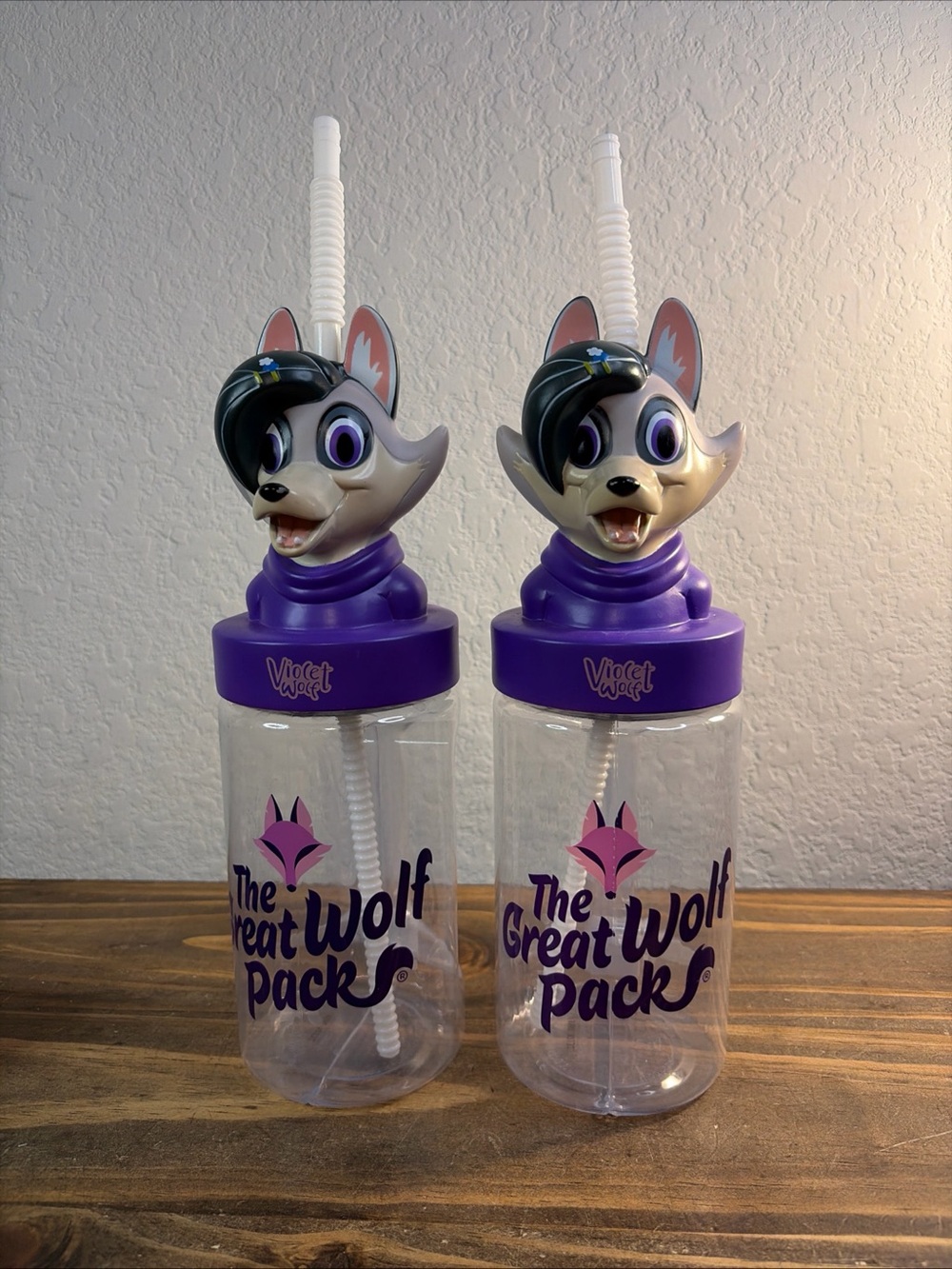 Great Wolf Lodge Violet Wolf Souvenir Cup Water Bottle & Straw Lot Of 2 Used